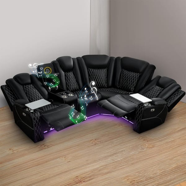 HOMESTOCK 110.63 in. Theater-Style Air Leather Reclining Sectional Sofa with Adjustable Headrests-5-Seater in Black