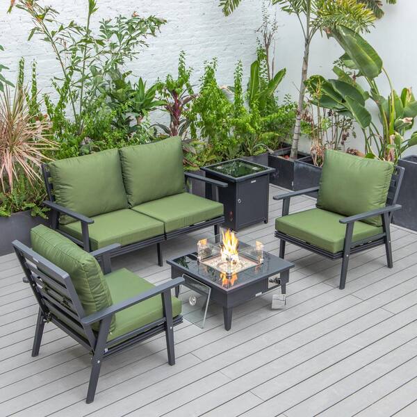 Leisuremod Walbrooke Black 5-Piece Aluminum Square Patio Fire Pit Set with Green Cushions and Tank Holder