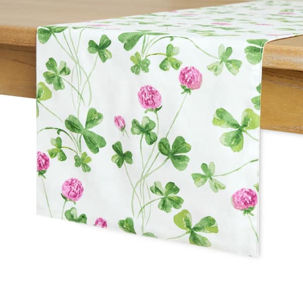 MARTHA STEWART Clover Meadow 14 in. W x 72 in. L White/Green Cotton Floral Table Runner (Single Set)