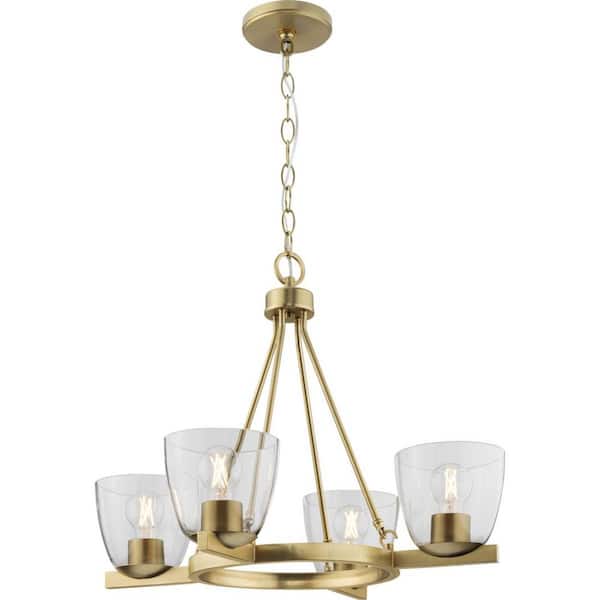 Progress Lighting Tamassee Collection 4-Light Brushed Gold Updated Traditional Chandelier with Clear Glass Shades for Dining Room