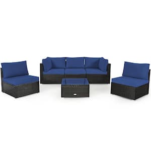 6-Pieces Rattan Outdoor Sectional Sofa Set Patio Furniture Set with Navy Cushions Navy