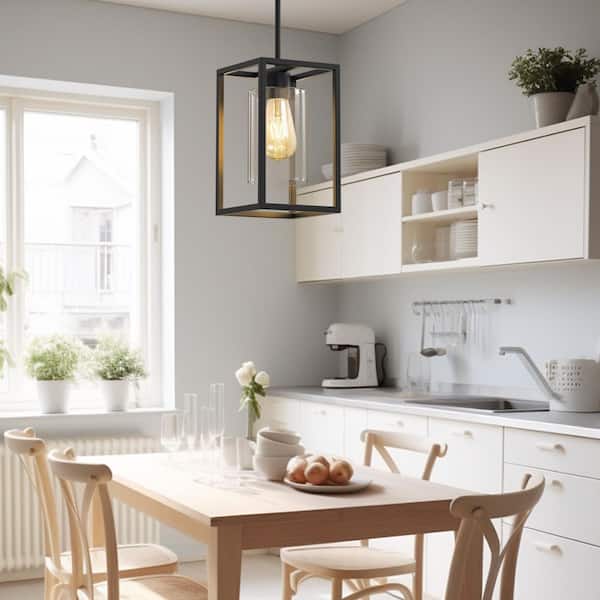 Vintage 1-Light Classic American Black Pendant Light with Metal Frame and Glass Shade E26 for Dining Room and Kitchen