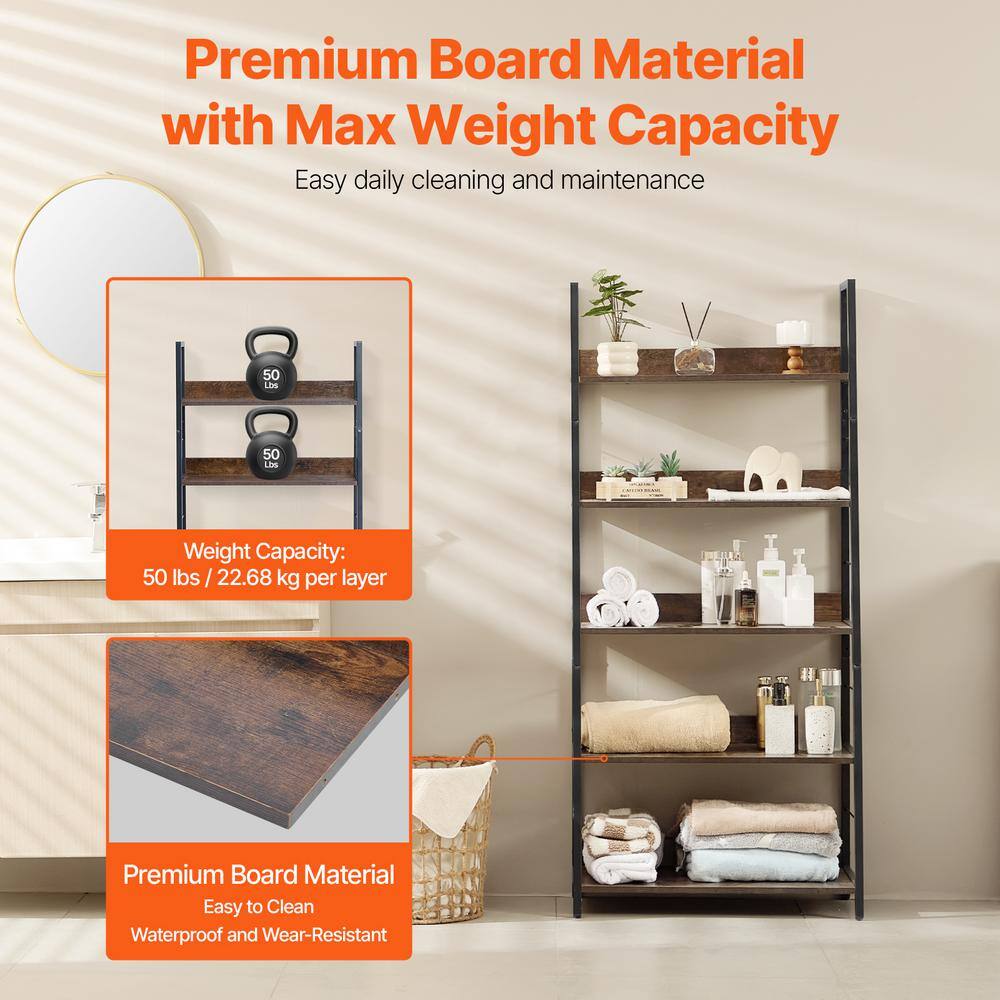 Tall Brown Matte 5-Tier Ladder Metal Bookshelf