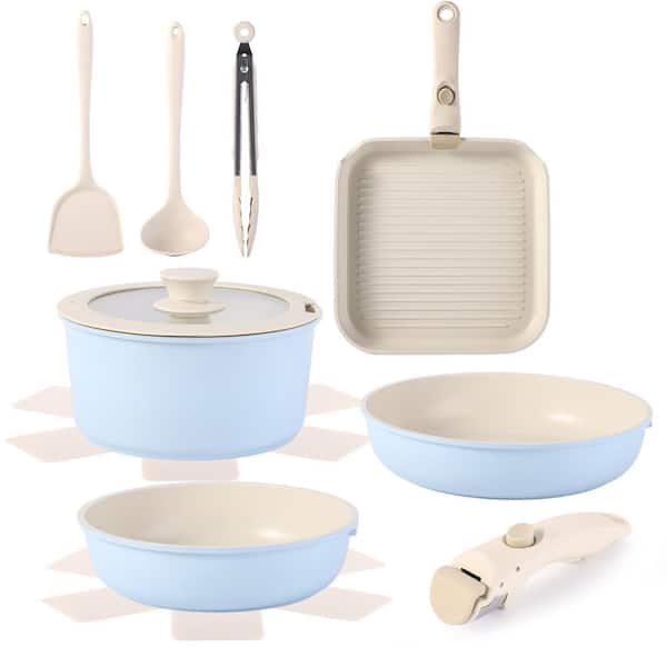 12 Piece Nonstick Die-Cast Cookware Set with Detachable Handle Induction Safe Oven Safe Blue
