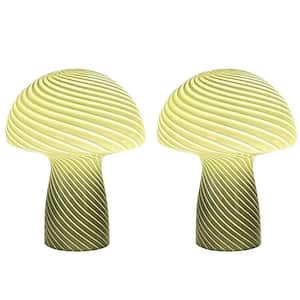 Mushroom 9.05in. Modern Bedside Table Lamp with Green Strips Glass Shade(Set of 2)