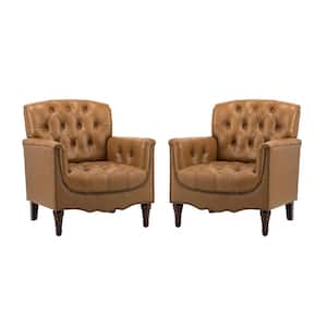 Elijah Traditional Camel Genuine Leather Button-tufted Armchair with Luxury Style and Solid Wood Legs (Set of 2)