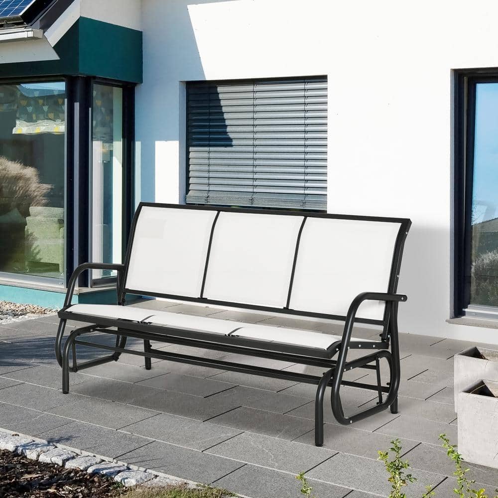 Cream White Metal Frame 3-Seater Outdoor Glider Bench