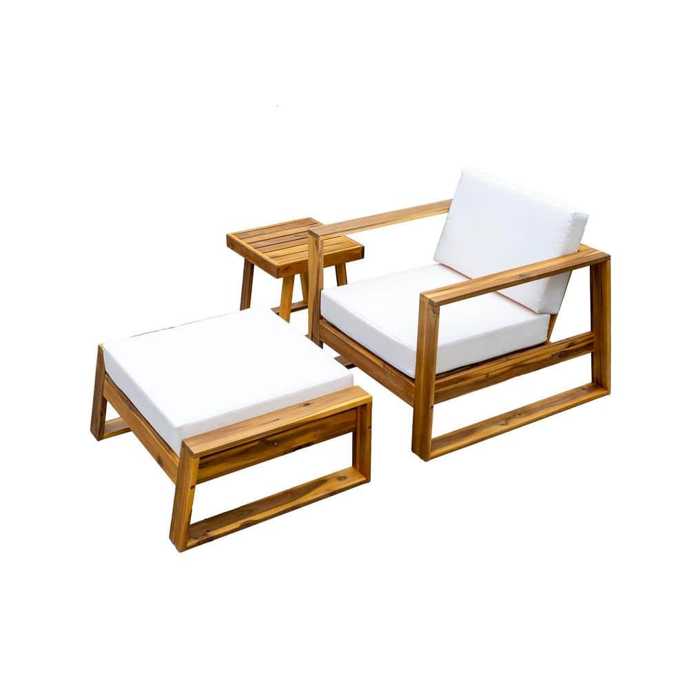 3-Piece Natural Wood Outdoor Lounge Chair Set with Side Table, Beige Cushio
