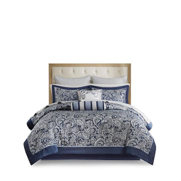 Comforter Set 12-Piece Cal King Jacquard Paisley Navy Blue Polyester Bedding Set with Sheets and Decorative Pillows