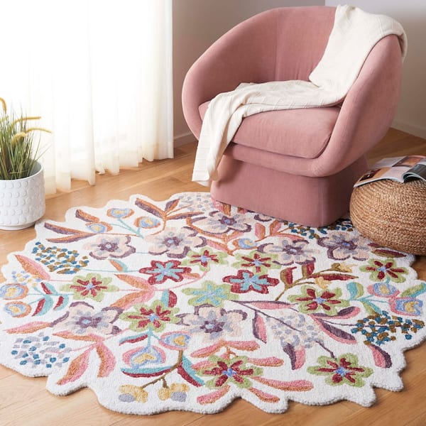 Jardin 5 ft. x 5 ft. Ivory/Pink Compact Floral Round Area Rug