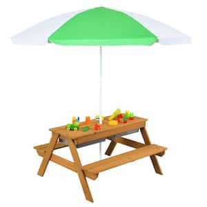3-in-1 Kids Outdoor Picnic Water Sand Table with Umbrella Play Boxes-Green