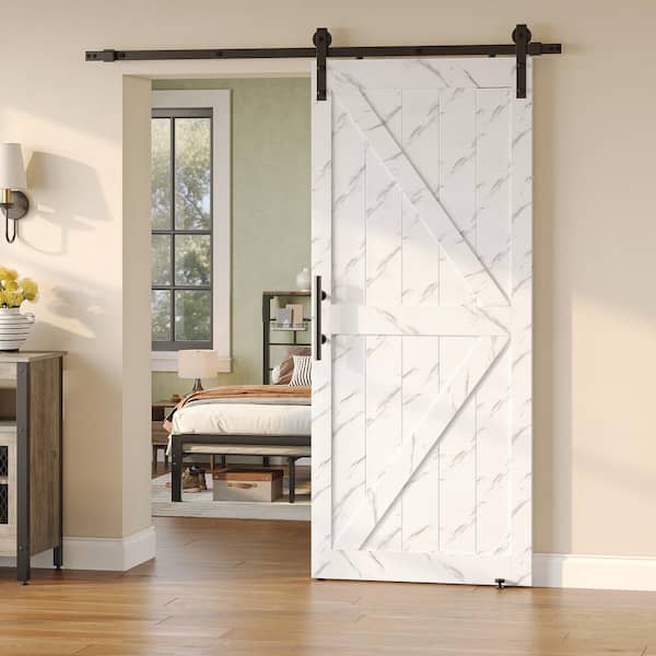 Bestier 36 in. x 84 in. Paneled off White Marble Primed K Shape MDF Sliding Barn Door Slab with Hardware Kit