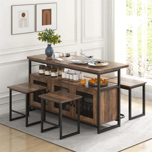 4-Piece Brown Wood 54 in. Kitchen Island with Bench and Storage Shelves