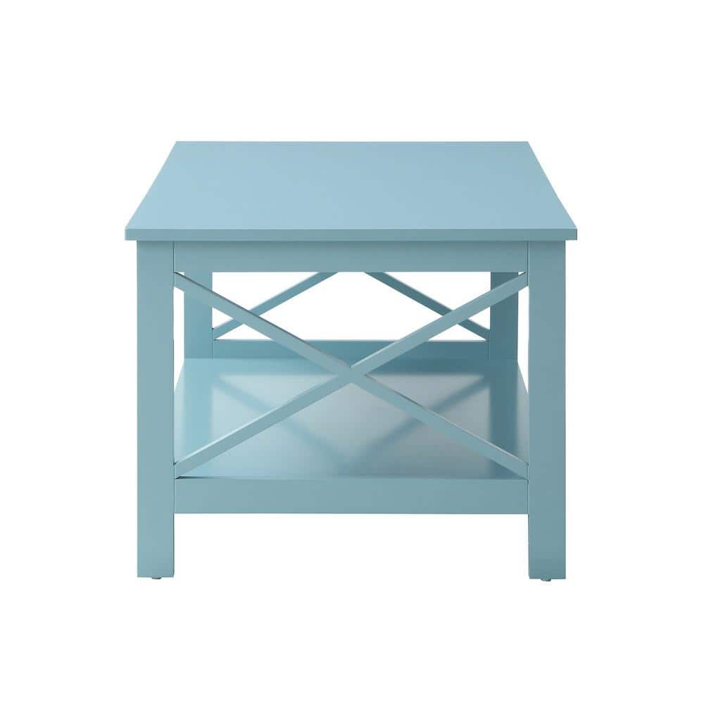 Sea Foam Blue Rectangular Wood Coffee Table with Shelf