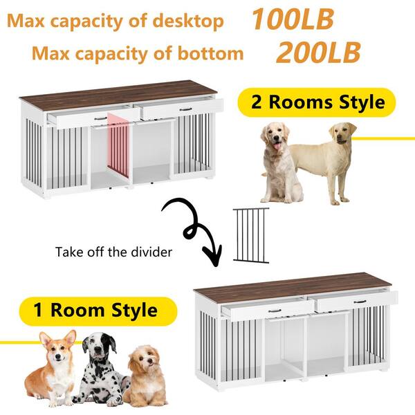 WIAWG Indoor Dog Crate Furniture for 2 Dogs, Large Wooden Double Dog Kennel Corner Dog House Cage with Drawers for Medium Dogs, White