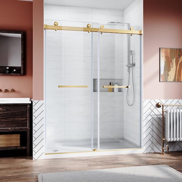 60 in. W x 76 in. H Frameless Sliding Shower Door in Brushed Gold with Clear Tempered Glass