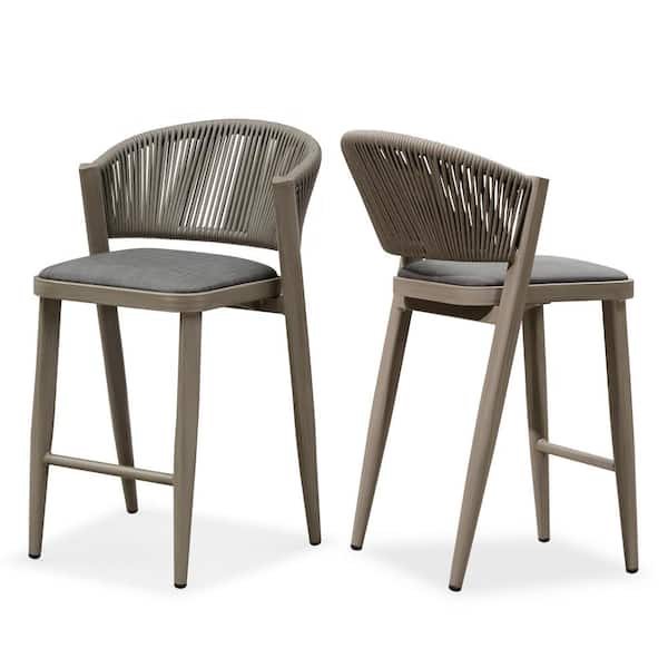 PURPLE LEAF Modern Aluminum Low Back Rattan Counter Height Outdoor Bar Stool with Backrest and Gray Cushion (2-Pack)