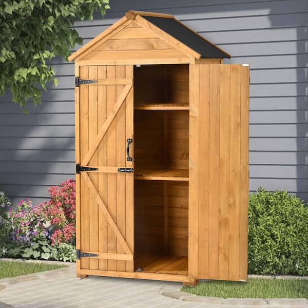 Tunearary Brown 5.8 ft. W x 3 ft. D Outdoor Storage Wood Shed with Double Door, 3-Tier Shelves for Backyard 5 sq. ft.