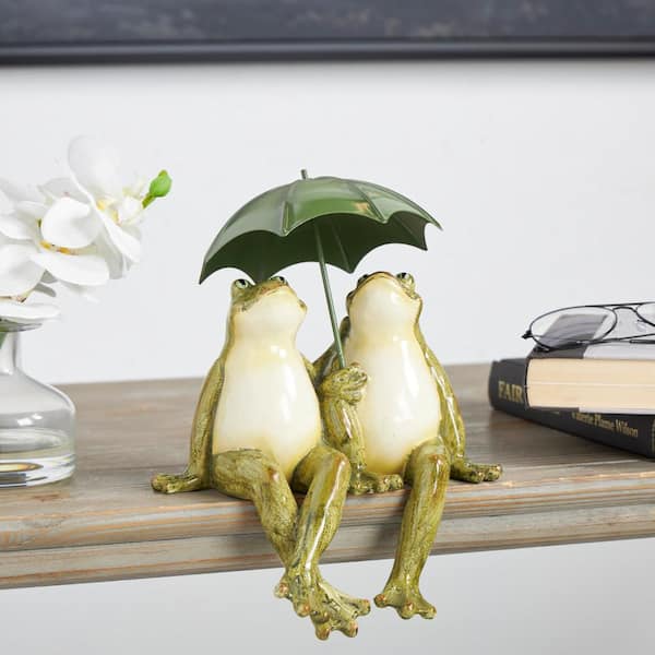 Litton Lane Bronze Resin Sitting Frog Sculpture with Umbrella
