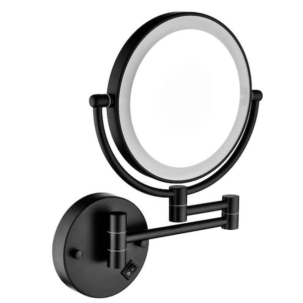 Amucolo 8 in. W x 13.38 in. H 1x/3x LED Lighted Round Wall Mount Makeup Mirror in Black with 360° Rotation and Waterproof Button