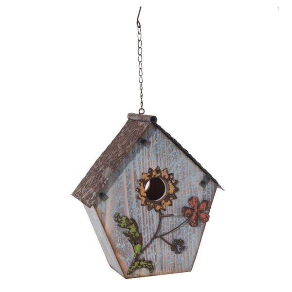 Sunjoy Wood Birdhouse Hand Painted with Flowers in Dusty Blue