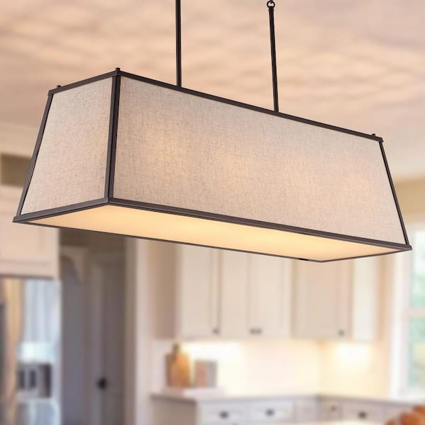 JONATHAN Y Crosby 42 in. 4-Light Oil Rubbed Bronze/Beige Minimalist Industrial Trapezoidal Linen Iron Linear LED Pendant