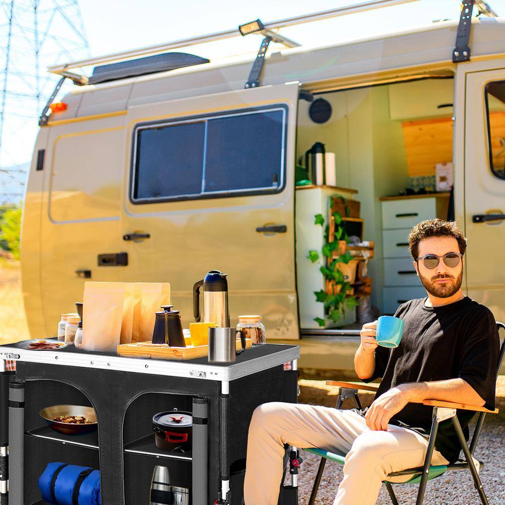 Black Aluminum Folding Camping Table with Storage Organizer
