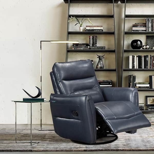 Bradford Dark Blue Leather Manual Swivel Glider Recliner