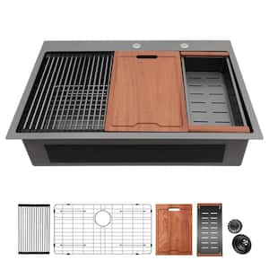 33 in. Drop-In Single Bowl 16 Gauge Gunmetal Black Stainless Steel Ledge Workstation Kitchen Sink with Nano Coating