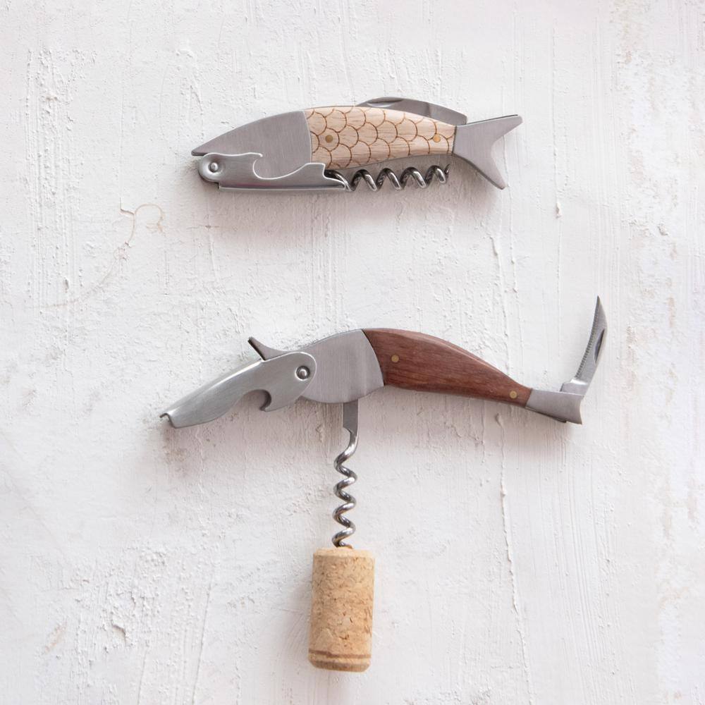 Natural Merbau Wood and Stainless Steel Fish Shaped Bottle Opener