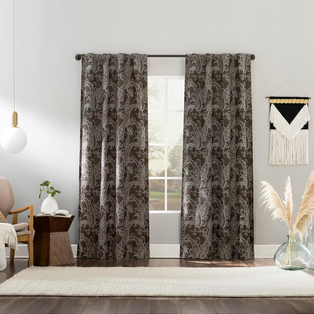 Chocolate Brown Paisley Embroidered Blackout Curtain Panel 40" x 96"