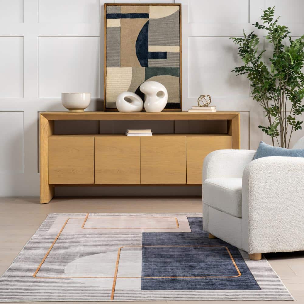 Modern Abstract Blue and Beige Washable Area Rug