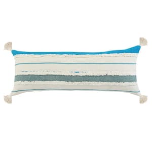 Quarry Turquoise Blue /White Tufted Striped Tassels Soft Poly-Fill 14 in. x 36 in. Indoor Throw Pillow