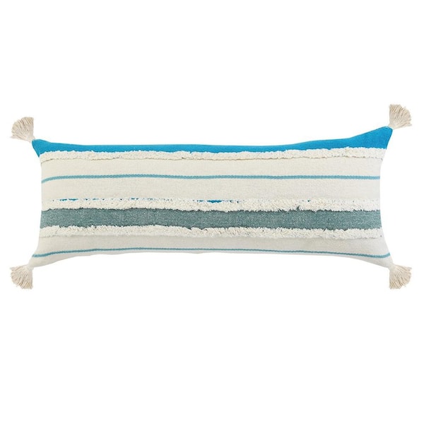 Unbranded Quarry Turquoise Blue /White Tufted Striped Tassels Soft Poly-Fill 14 in. x 36 in. Indoor Throw Pillow