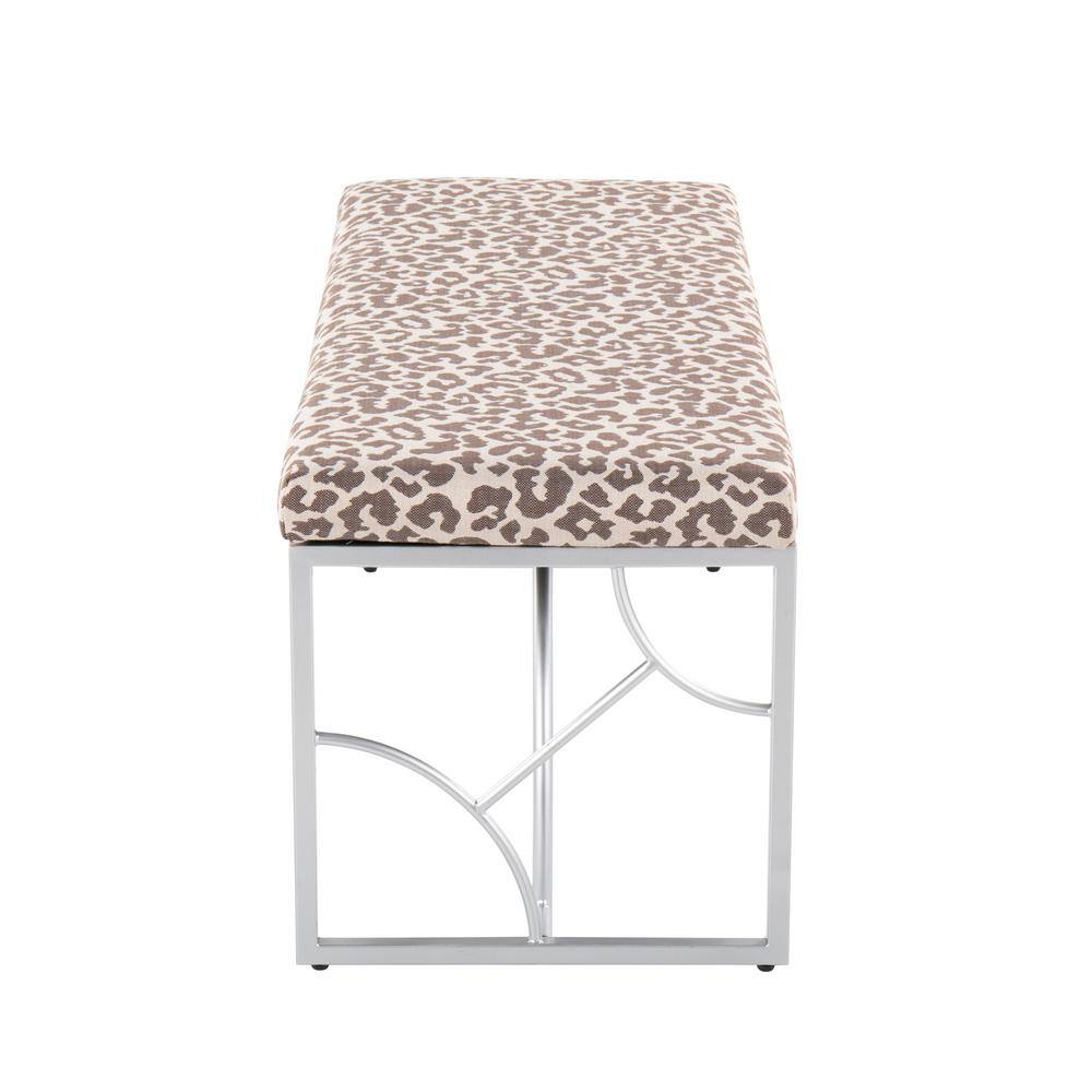 Silver Metal Beige Leopard Print Fabric Bench