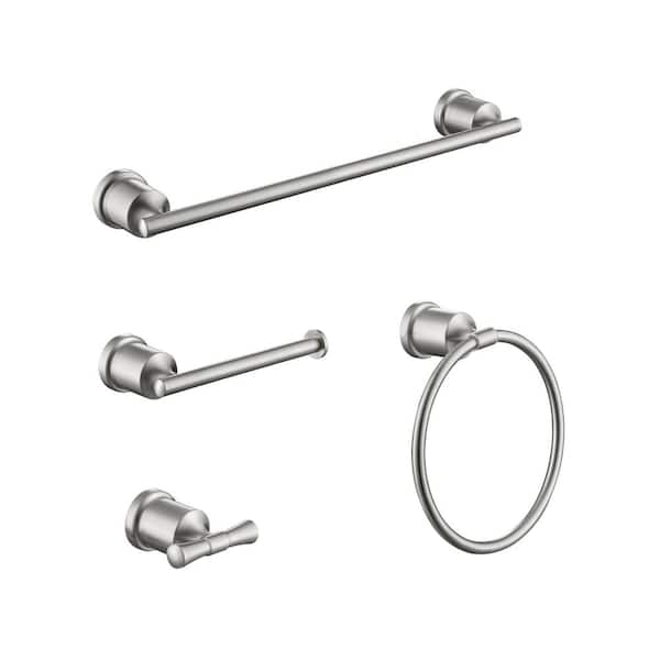Modland 4-Piece Bath Hardware Set in Brushed Nickel with Towel Ring Toilet Paper Holder Towel Hook and 15.7 in. Towel Bar