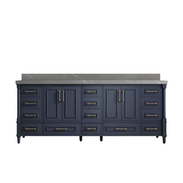 Willow Collections Hudson 84 in. W x 22 in. D x 36 in. H Double Sink Bath Vanity in Navy Blue with 2 in. Piatra Gray Top
