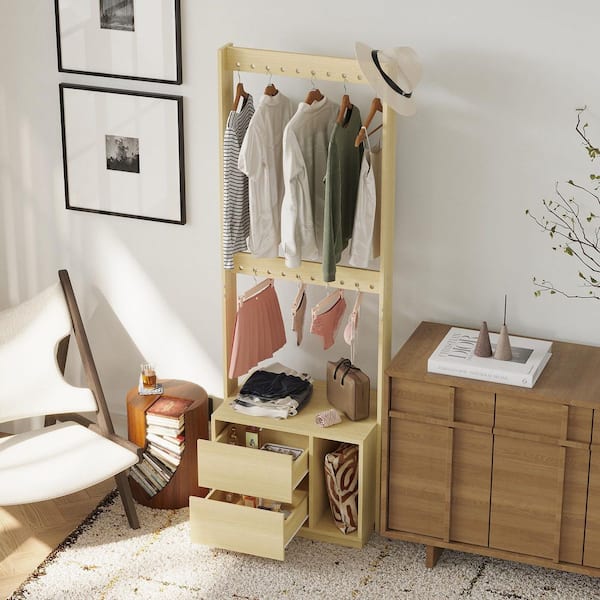 Yellow Wood Grain Freestanding Closet Organizer, Clothes Rack with 2 Hanging Rods, 2 Push-to-Open Drawers and Open Shelf