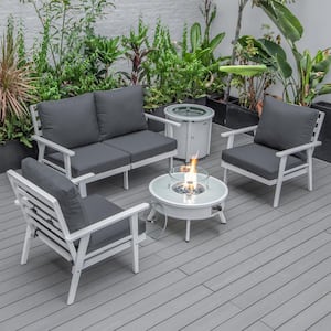 Walbrooke White 5-Piece Aluminum Round Patio Fire Pit Set with Charcoal Cushions and Tank Holder