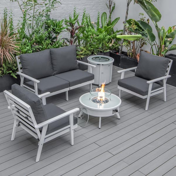 Leisuremod Walbrooke White 5-Piece Aluminum Round Patio Fire Pit Set with Charcoal Cushions and Tank Holder