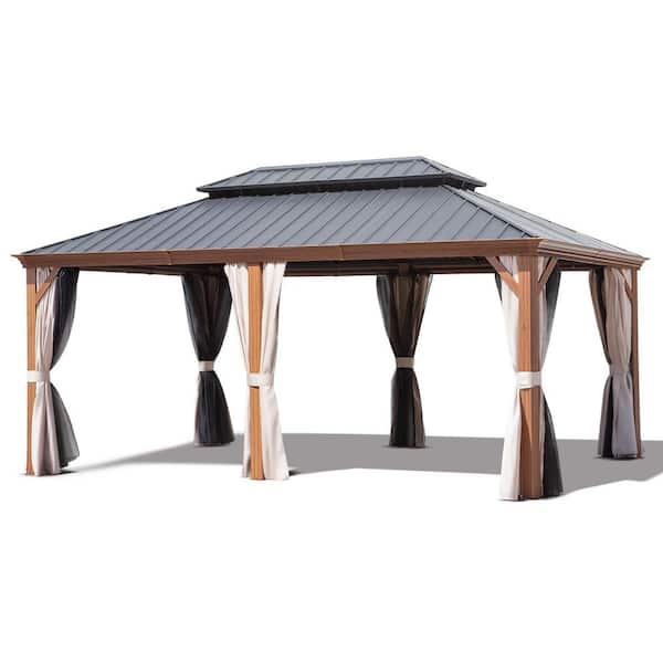 12 ft. x 18 ft. Aluminum Outdoor Double Galvanized Steel Roof Gazebo with Ceiling Hook, Mosquito Netting and Curtains