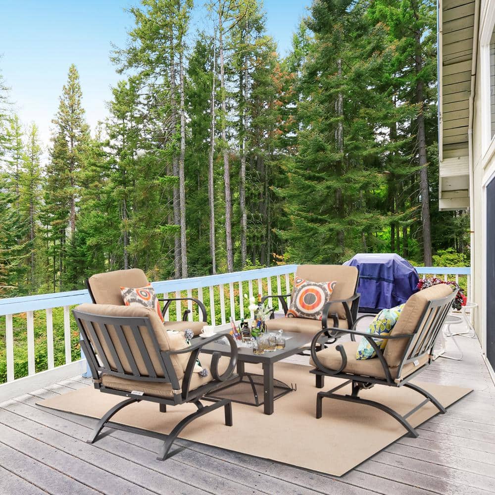 5-Piece Aluminum Patio Conversation Set with Fire Table Pits and Brown Cush