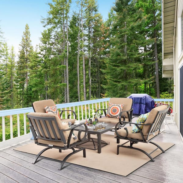 Unbranded 5-Piece Aluminum Patio Conversation Set with Fire Table Pits and Brown Cushions