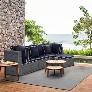 TAZZ 4-Piece Rattan Outdoor Sectional with Cushions and Throw Pillow with Gray/Navy Blue
