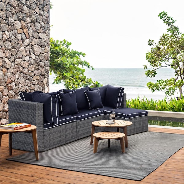 WESTIN OUTDOOR TAZZ 4-Piece Rattan Outdoor Sectional with Cushions and Throw Pillow with Gray/Navy Blue