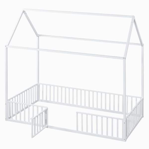 White Metal Frame Twin Platform Bed with Fence and Door