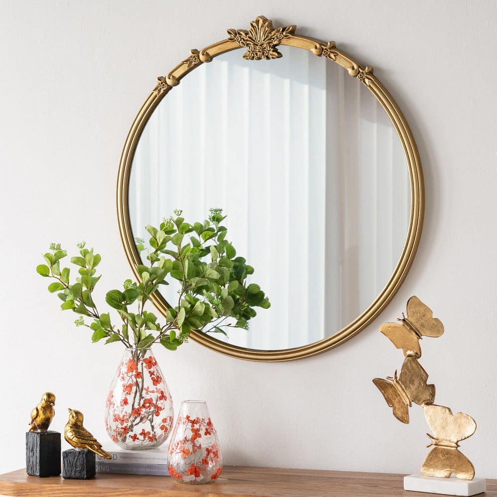 30 in. W x 31 in. H Framed Round Wall Mirror with Gold Finish and