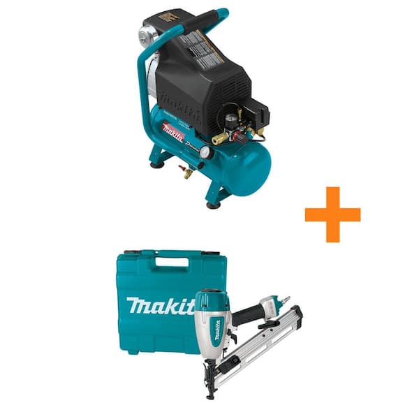 Makita 2.6 Gal. 2 HP Portable Electrical Hot Dog Air Compressor with Pneumatic 15-Gauge, 2.5 in. Angled Finish Nailer