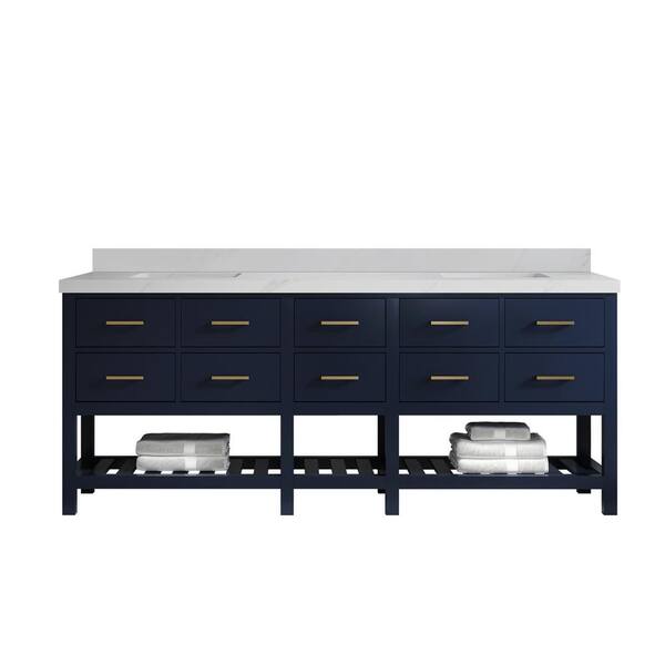 Willow Collections Parker 84 in. Double Sink Freestanding Navy Blue Bath Vanity with Calacatta Sienna Qt. Top Unassembled