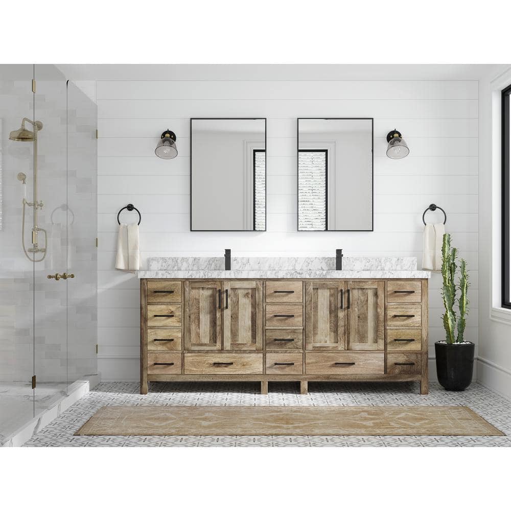 Malibu 84'' Natural Mango Wood Double Bathroom Vanity with Carrara Marble Top